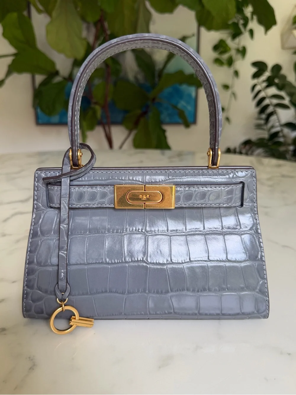 Tory Burch Lee Radziwill Petite Bag in Zinc Gray Crocodile Croc Embossed Leather